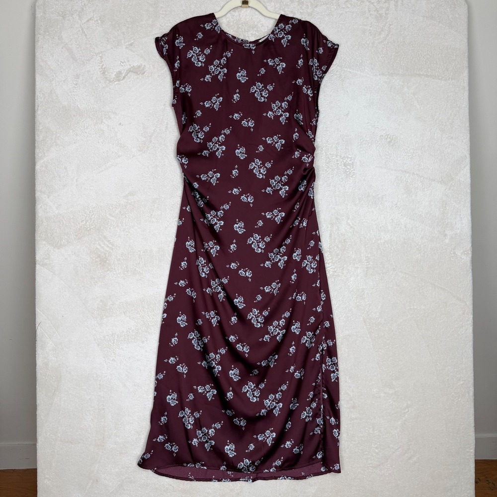 A New Day Womens Burgundy Floral Satin Ruched Side Midi Dress Cap Sleeve Size M